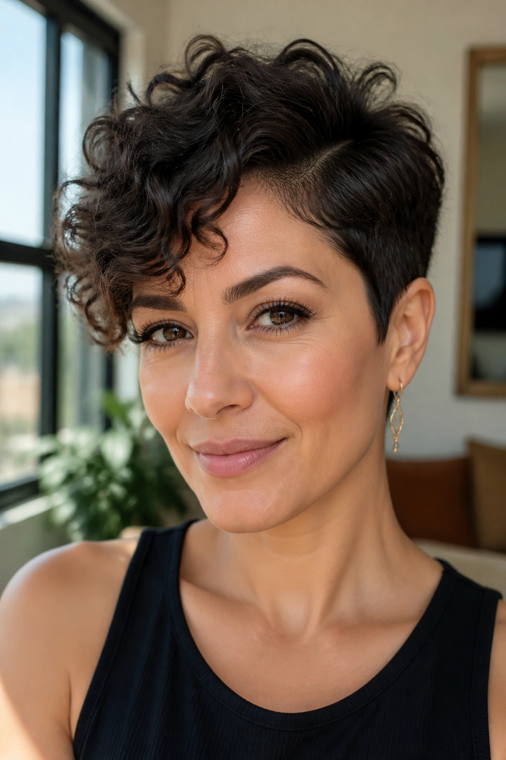 Close-up of real woman with deep side-part curly pixie and temple height
