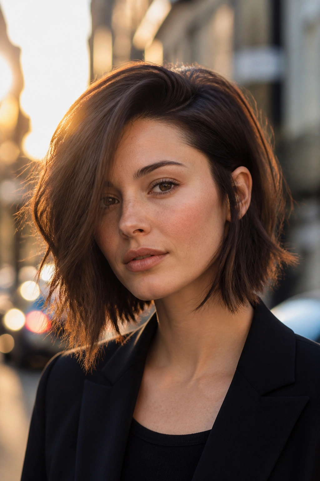 Portrait of a woman with a deep-side-part textured cut against a golden-hour city street background