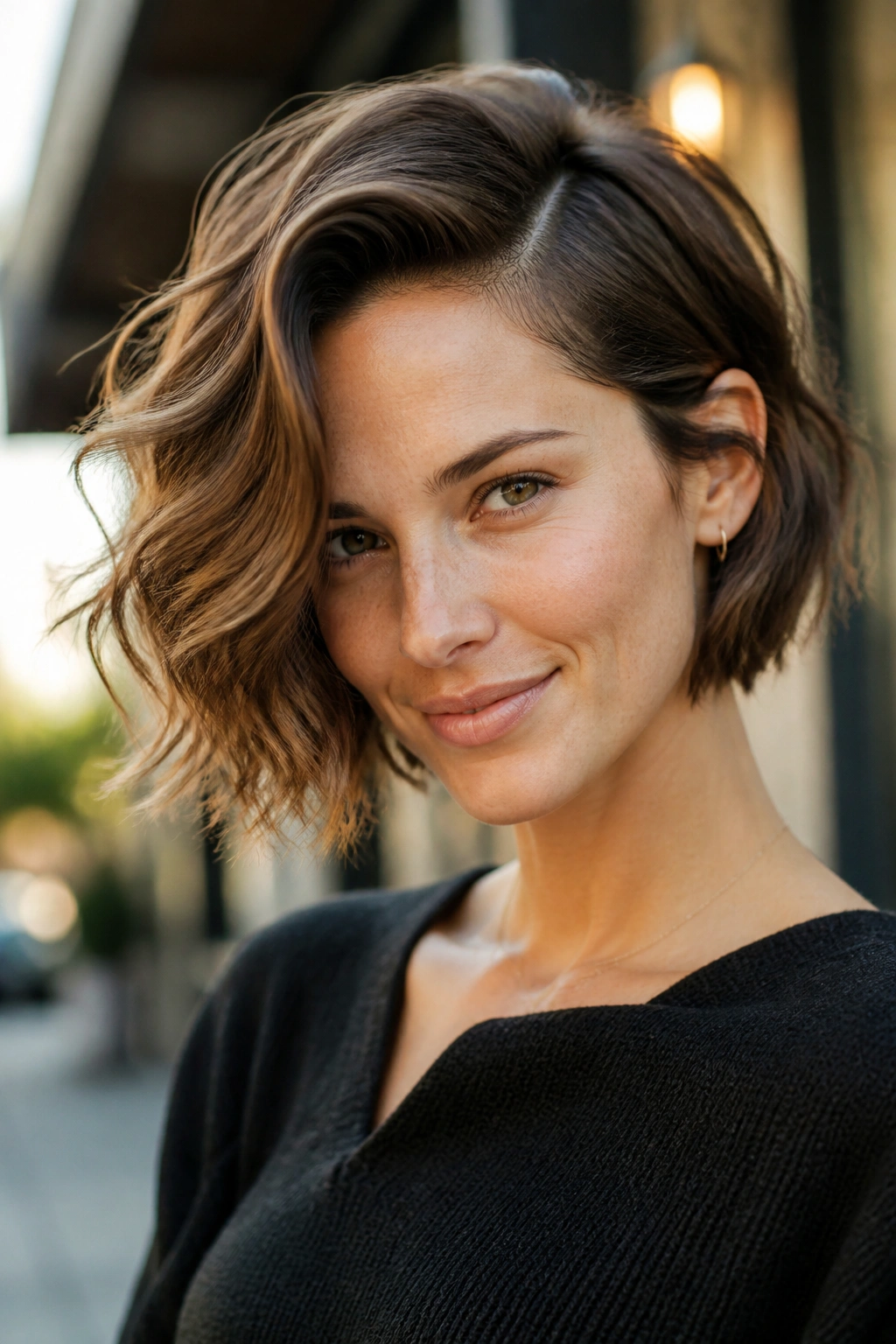 Real woman with deep side-part tousled bob in morning light