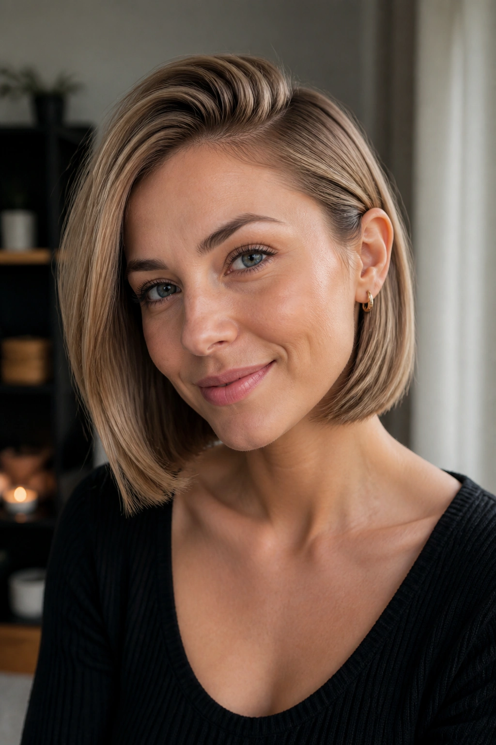 Close-up of a real person with a deep side part and tucked ends