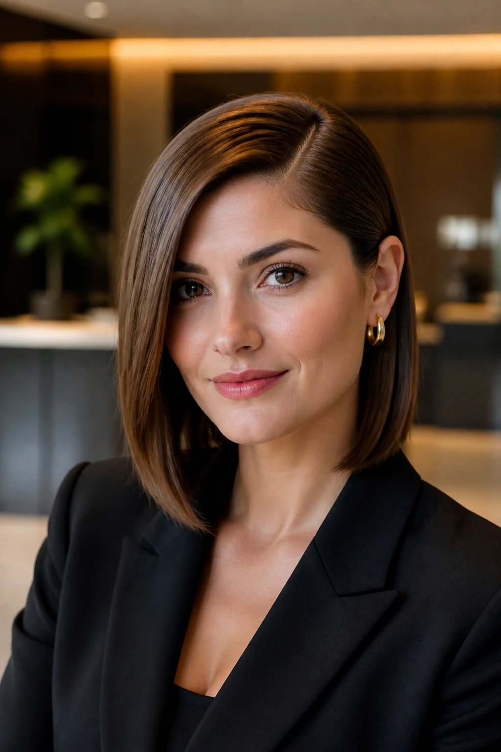 Close-up of a real woman with deep side-parted straight hair and tucked ends