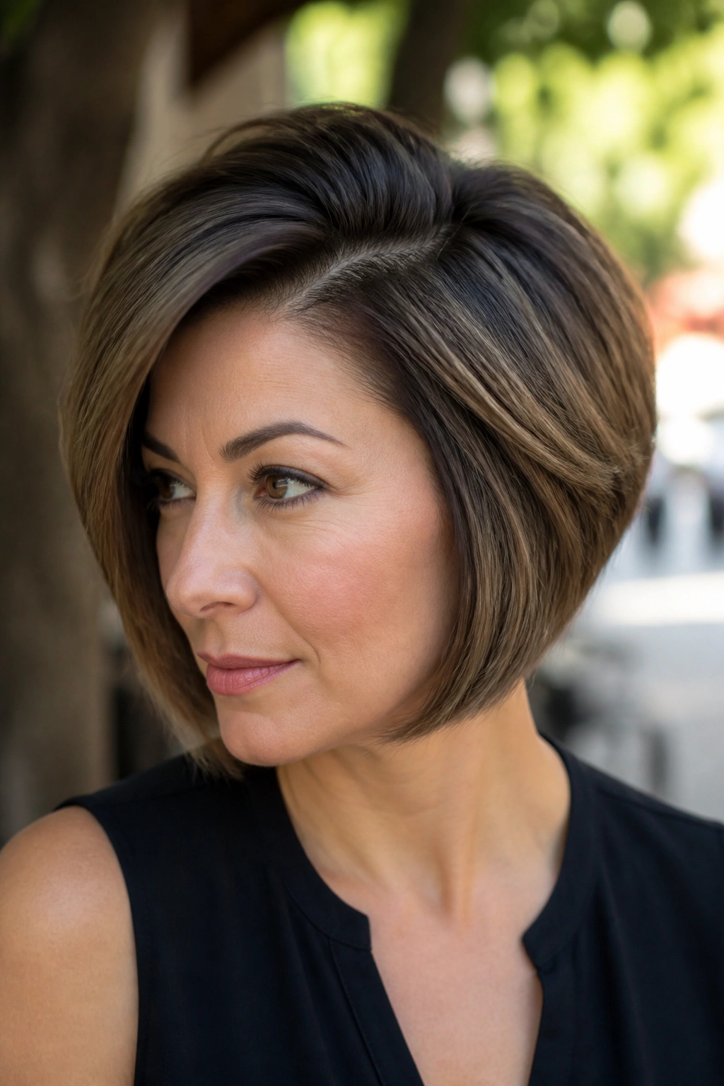 Portrait of woman with deep side-part volume bob