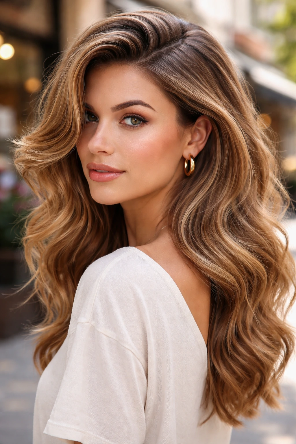 Woman with a deep side part and voluminous waves in sunlight