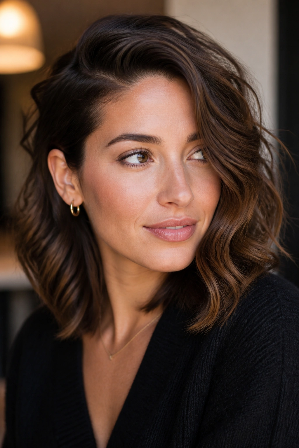 Close-up of a real woman with a deep side-part and waves