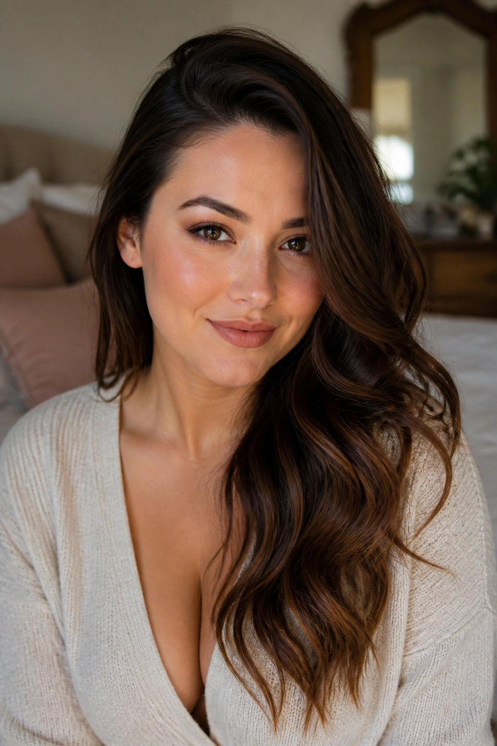 Close-up of a woman with a deep side part and loose waves framing her face, natural window light