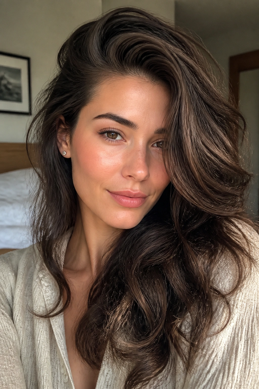 Close-up of a real woman with a deep side part and swept volume in thick wavy hair