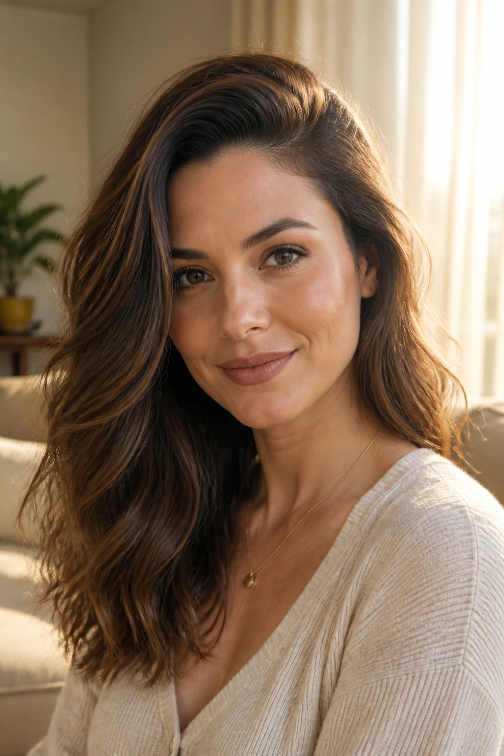 Portrait of a real woman with a deep side part and soft waves