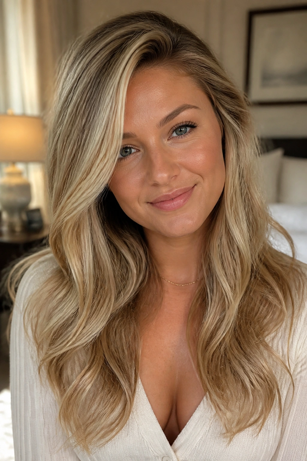 Close-up portrait of a woman with a deep side part and long blonde waves in warm window light