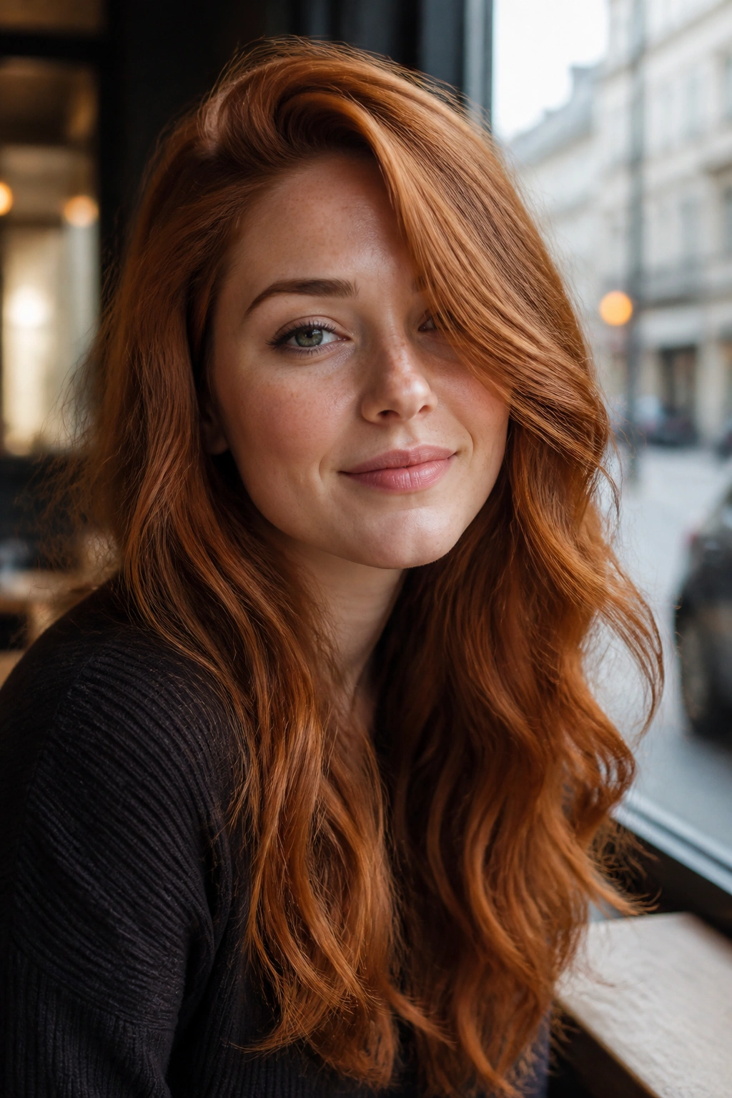 Close-up of a real person with deep side-parted long ginger waves