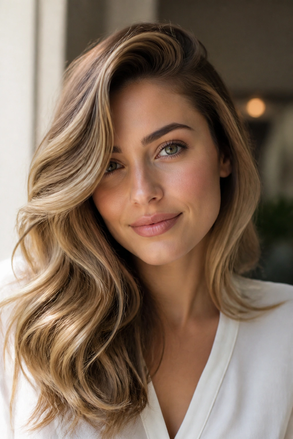 Close-up of a woman with deep side-part waves and crown lift.