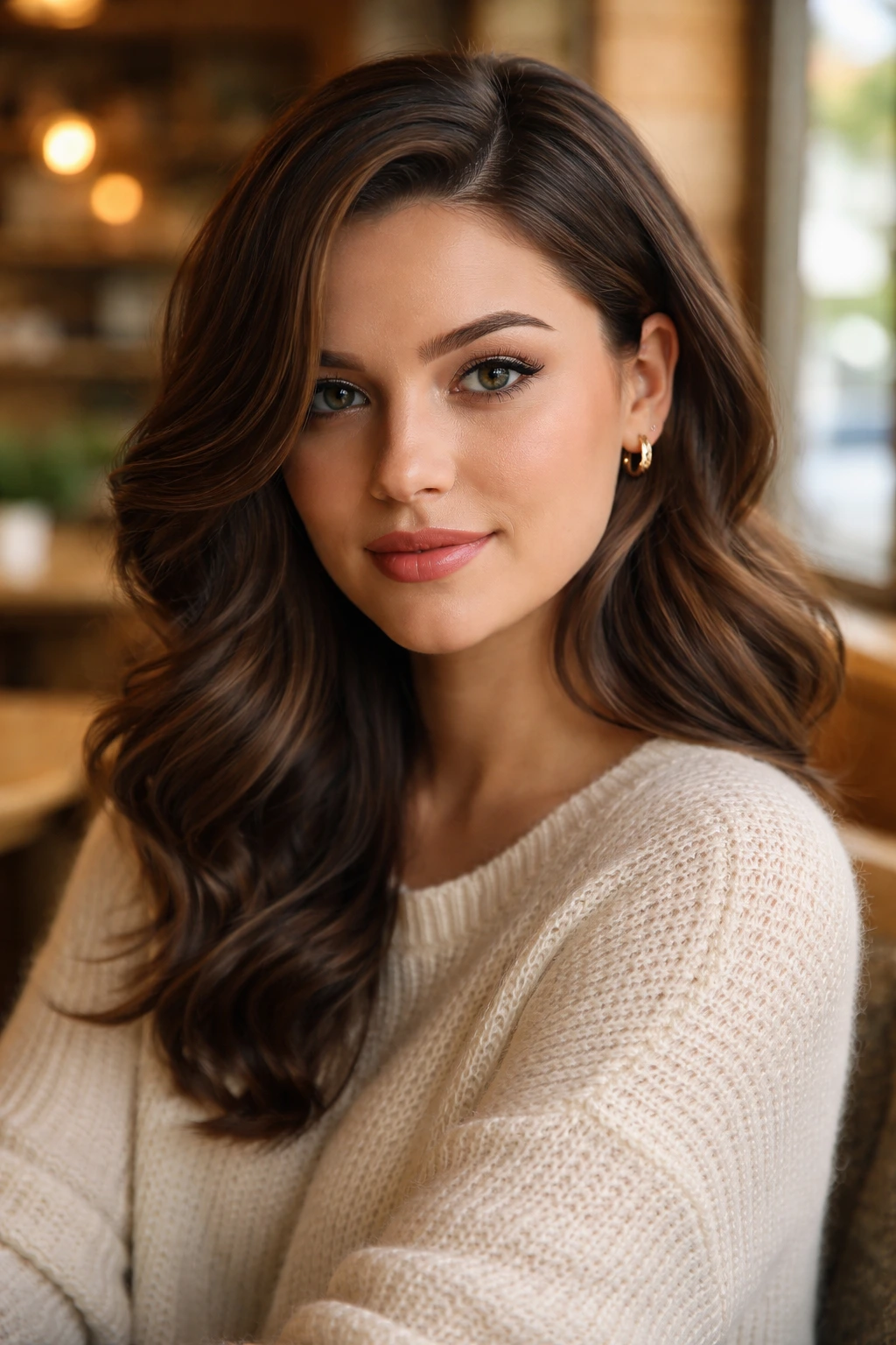 Close-up of a real person with deep side-parted waves in a cafe