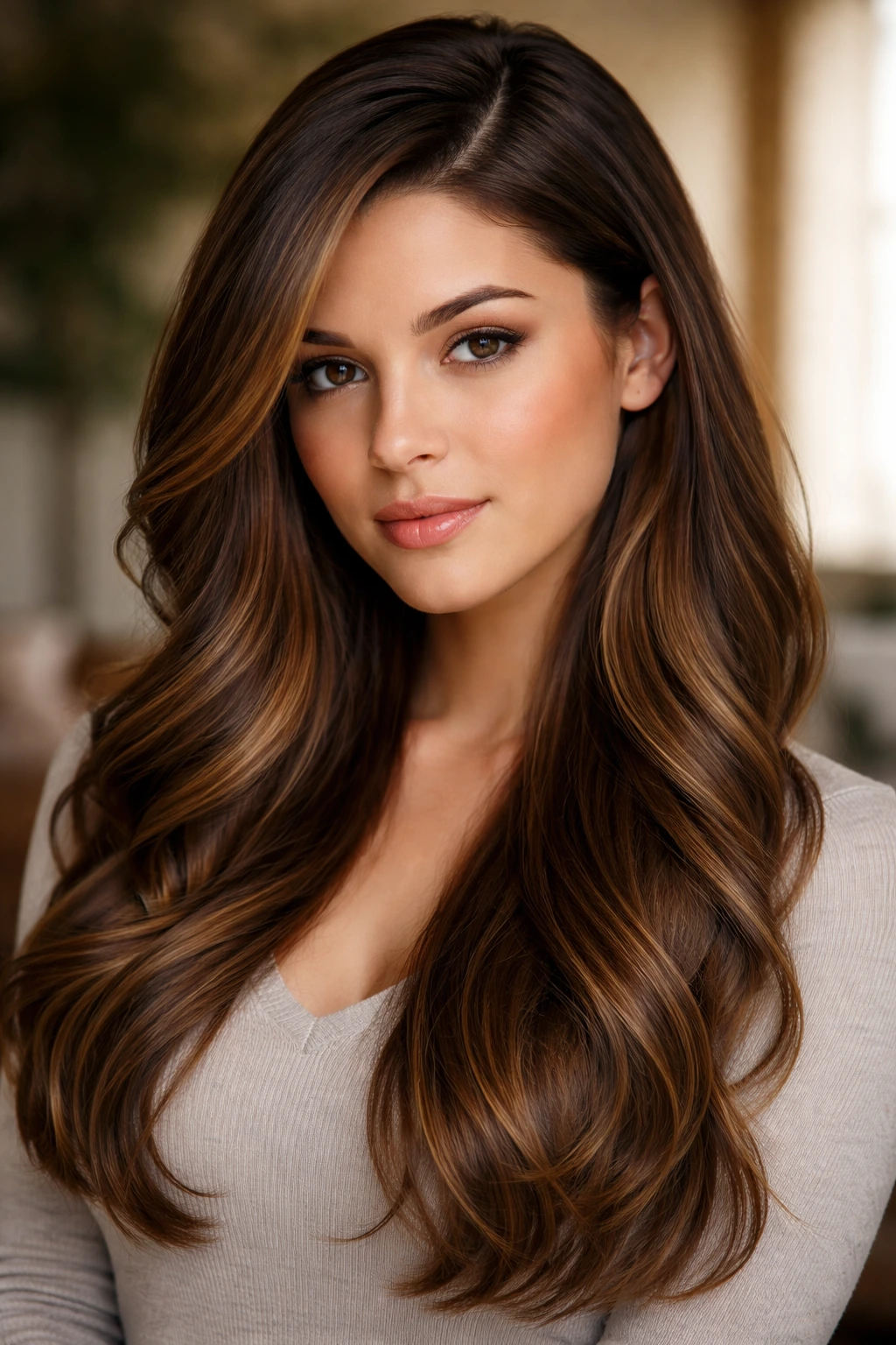 Real woman with deep side part and cascading waves in a cozy living room