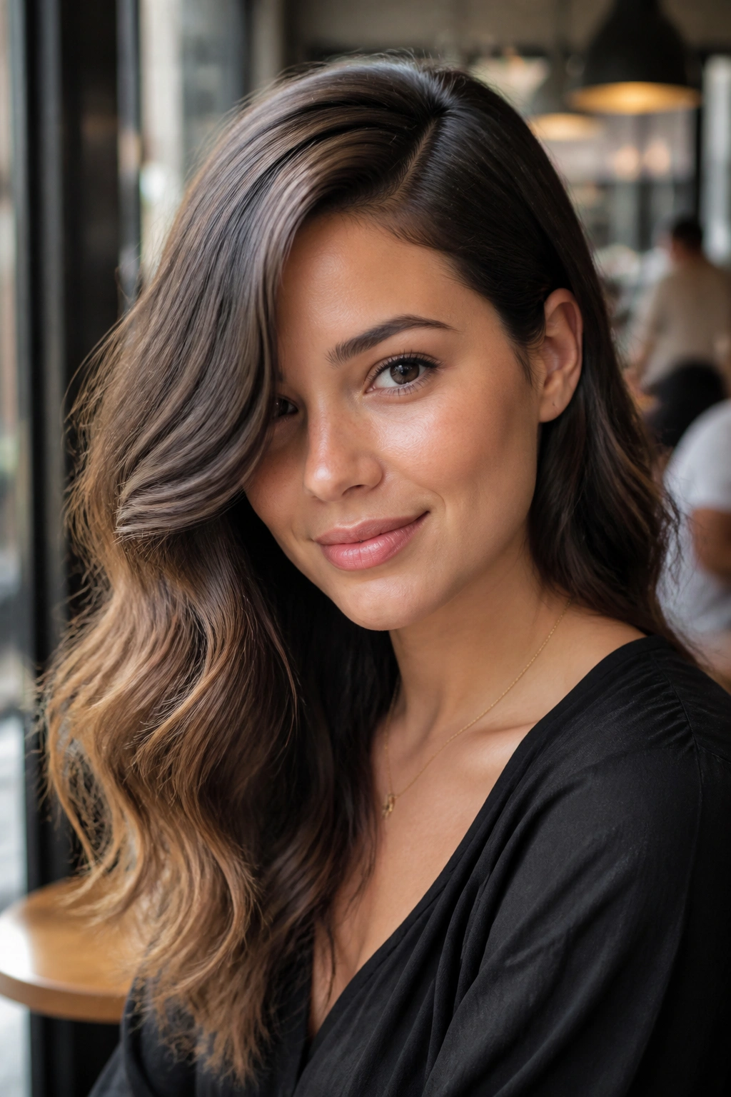 Close-up of a real woman with a deep side part and waves