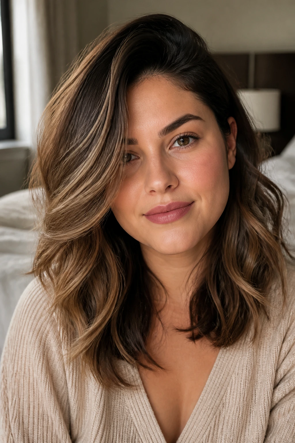 Close-up portrait of a real woman with deep side-parted waves across the forehead