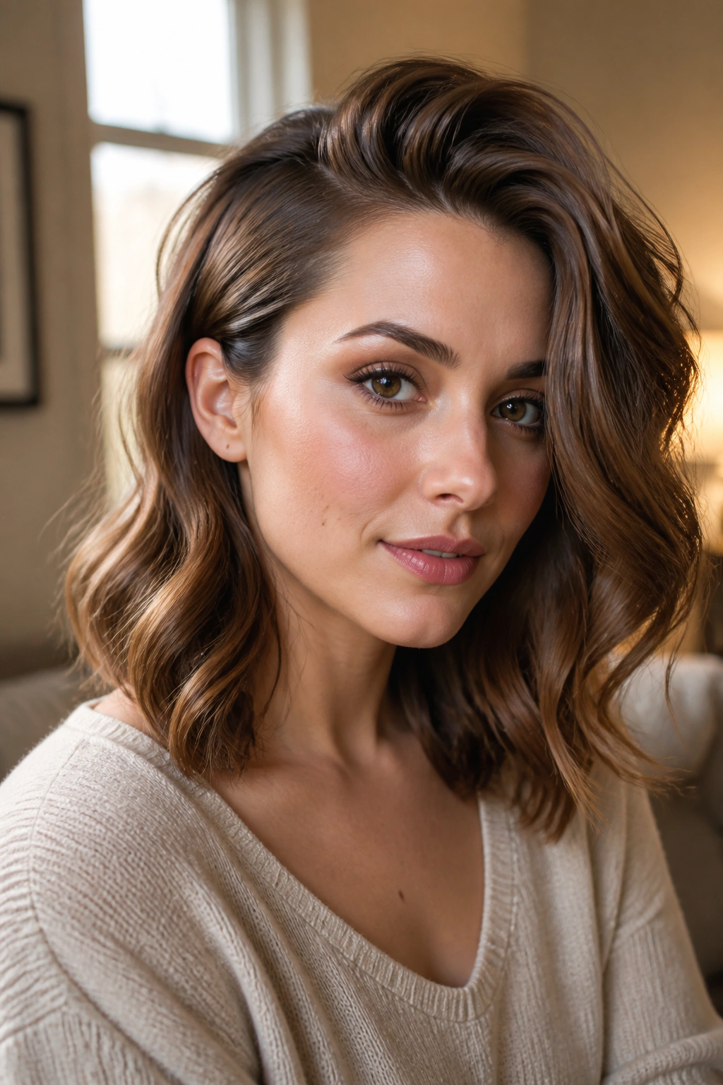 Close-up portrait of a real woman with a deep side part and voluminous temple waves