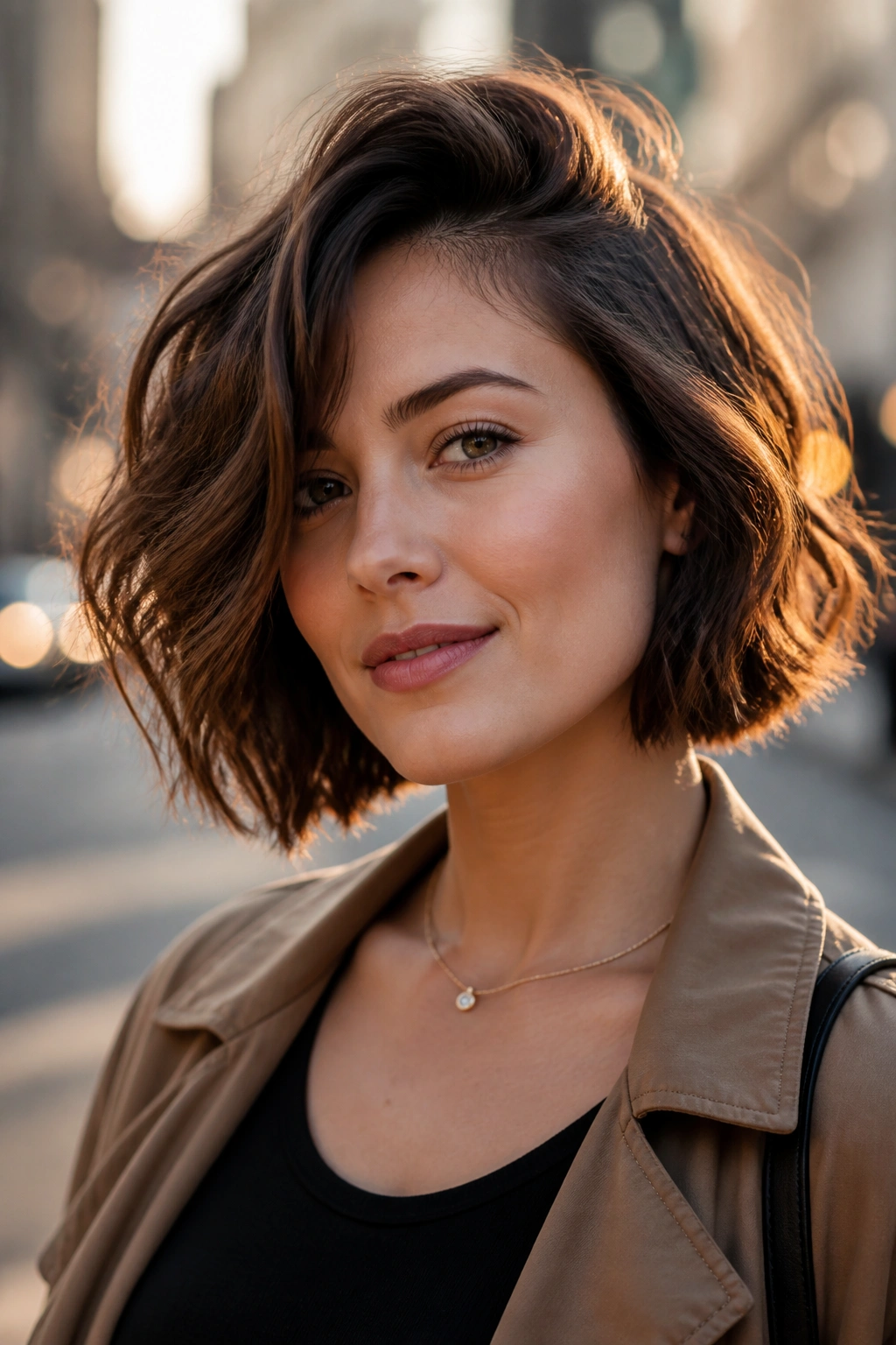 Portrait of a real woman with a deep side-parted wavy bob