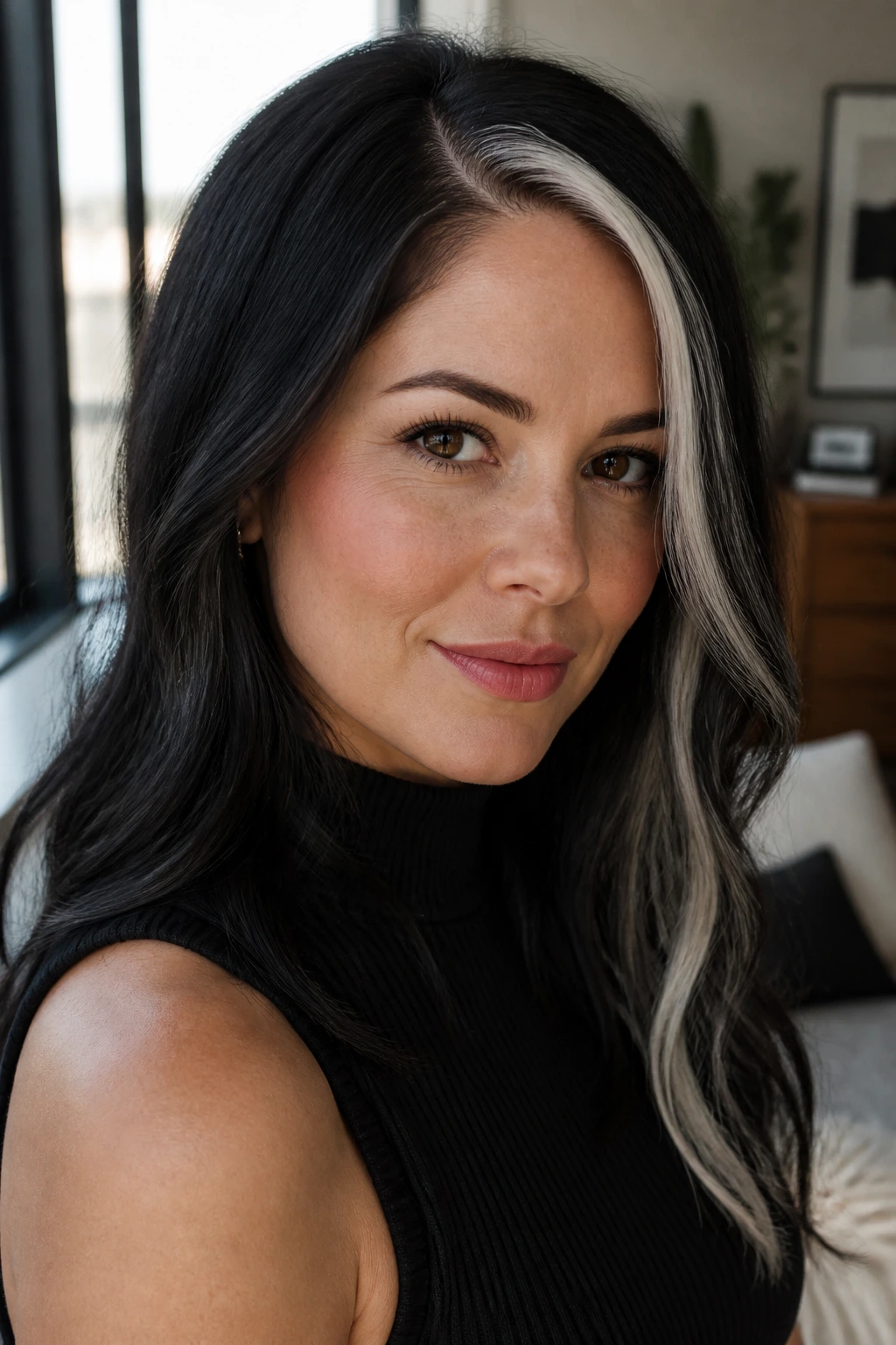 Close-up of a real person with a deep side part and white streak in hair.