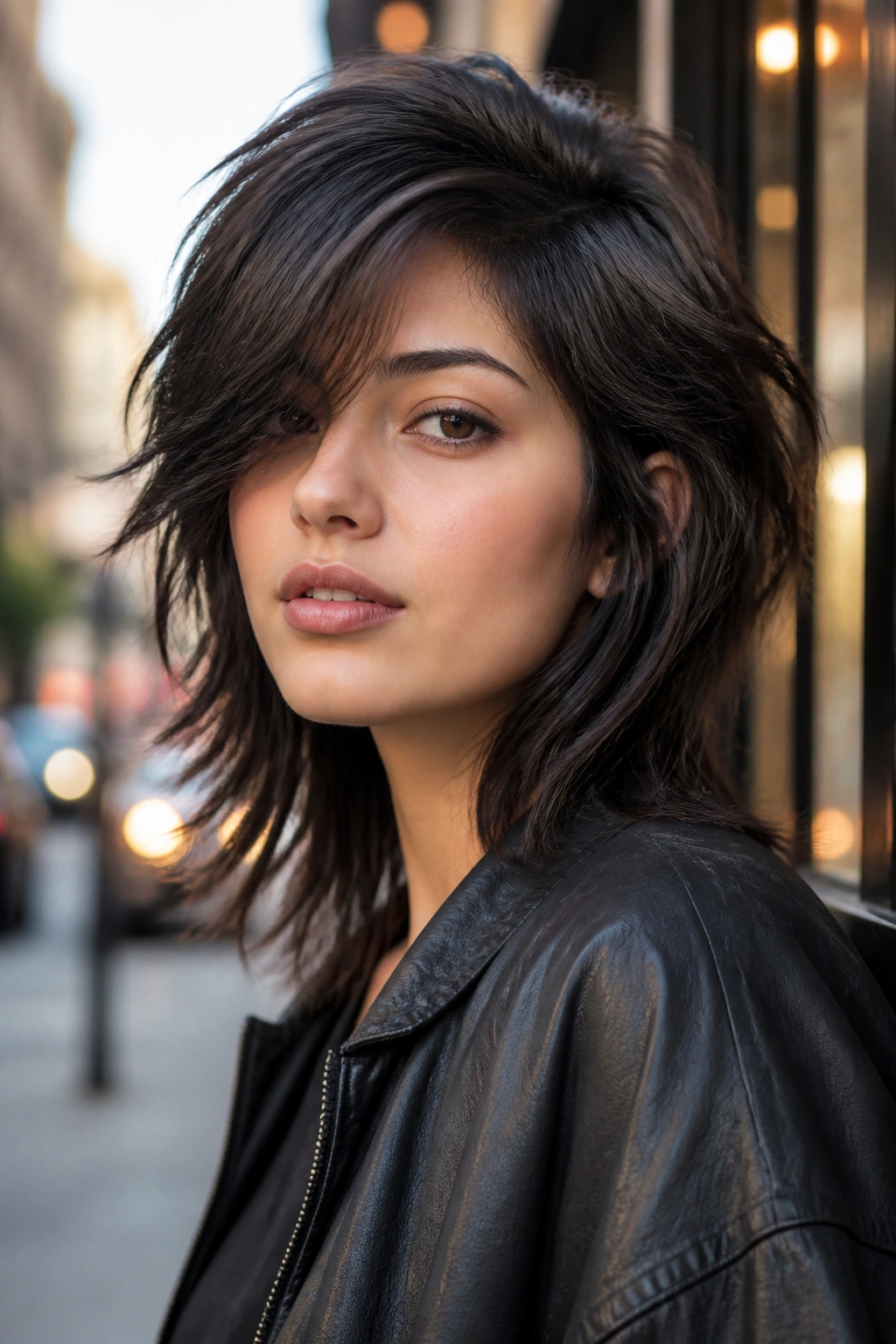 Close-up portrait of a real person with a deep side-part wolf cut and swept fringe