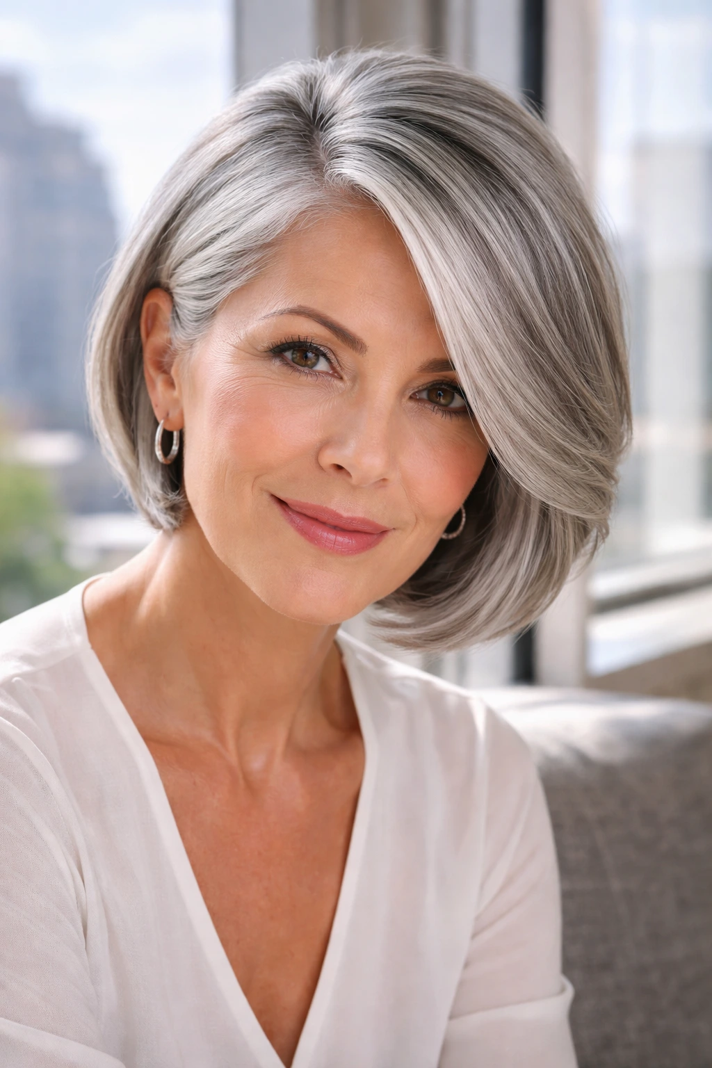 Close-up of a woman with a deep side-parted bob on silver hair.