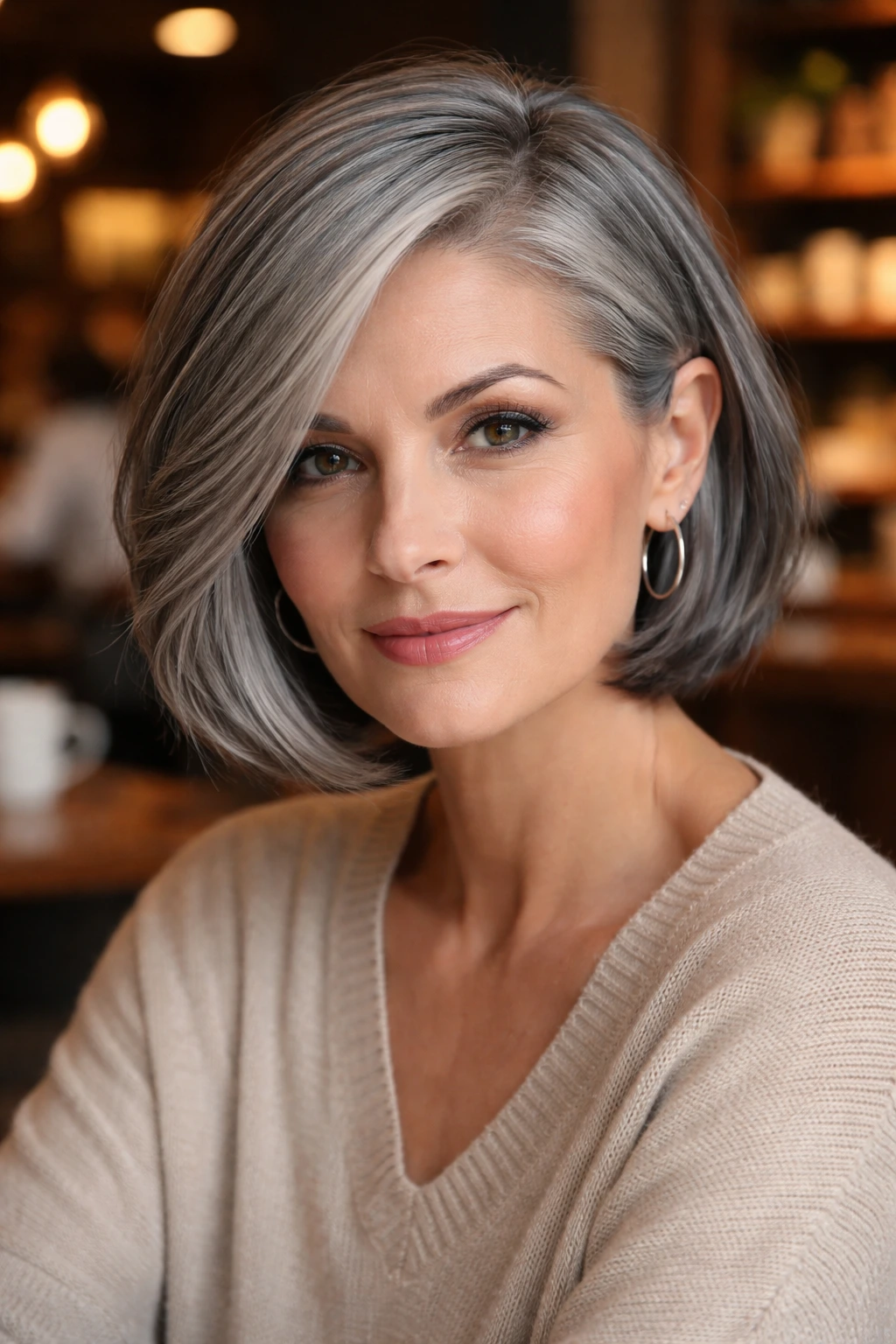 Portrait of a woman with a deep side-parted grey bob.
