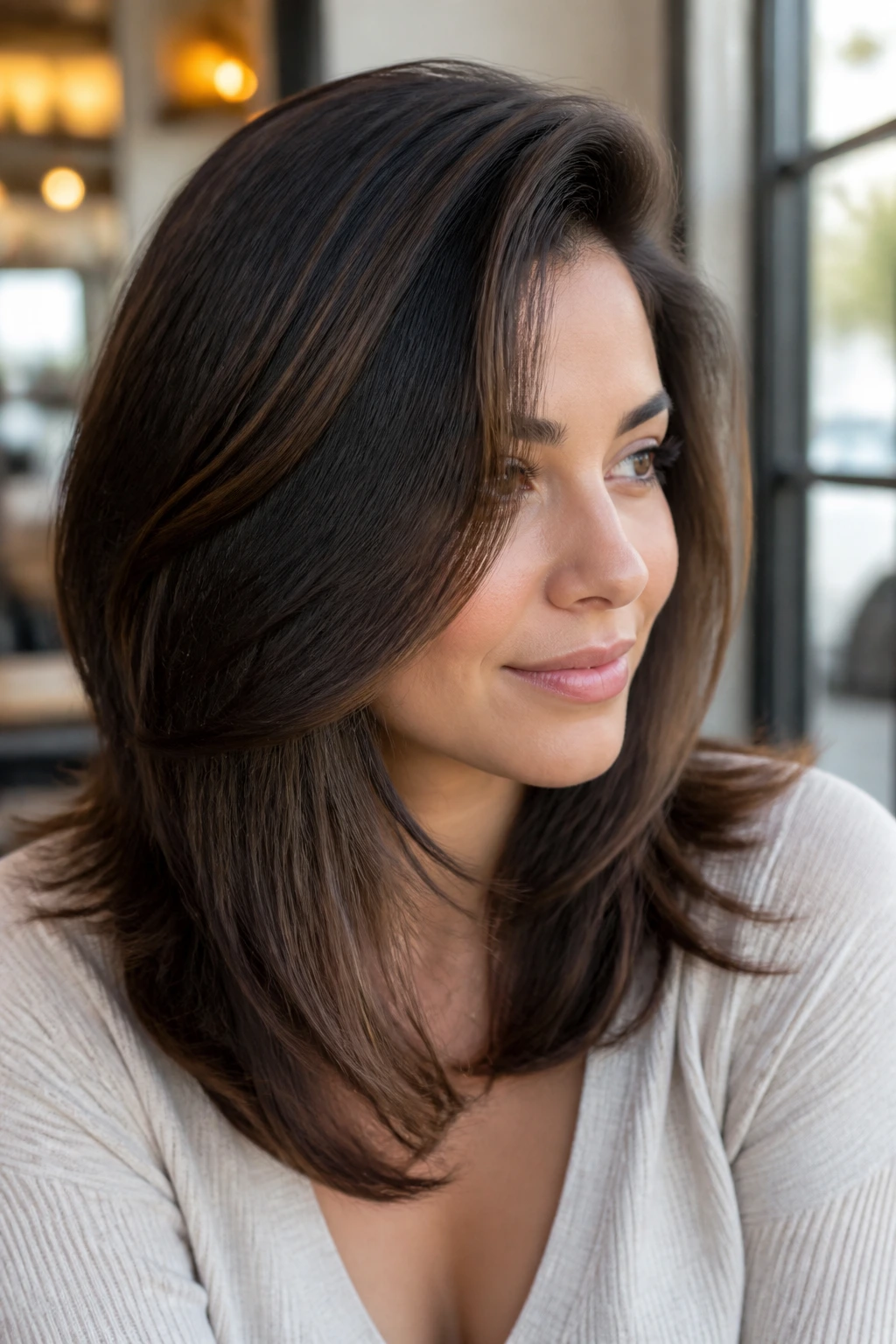 Close-up of a real person with a deep side part and layered hair