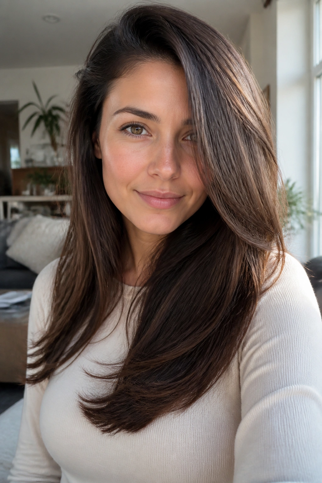 Close-up portrait of a real woman with deep side-parted long layers in natural light