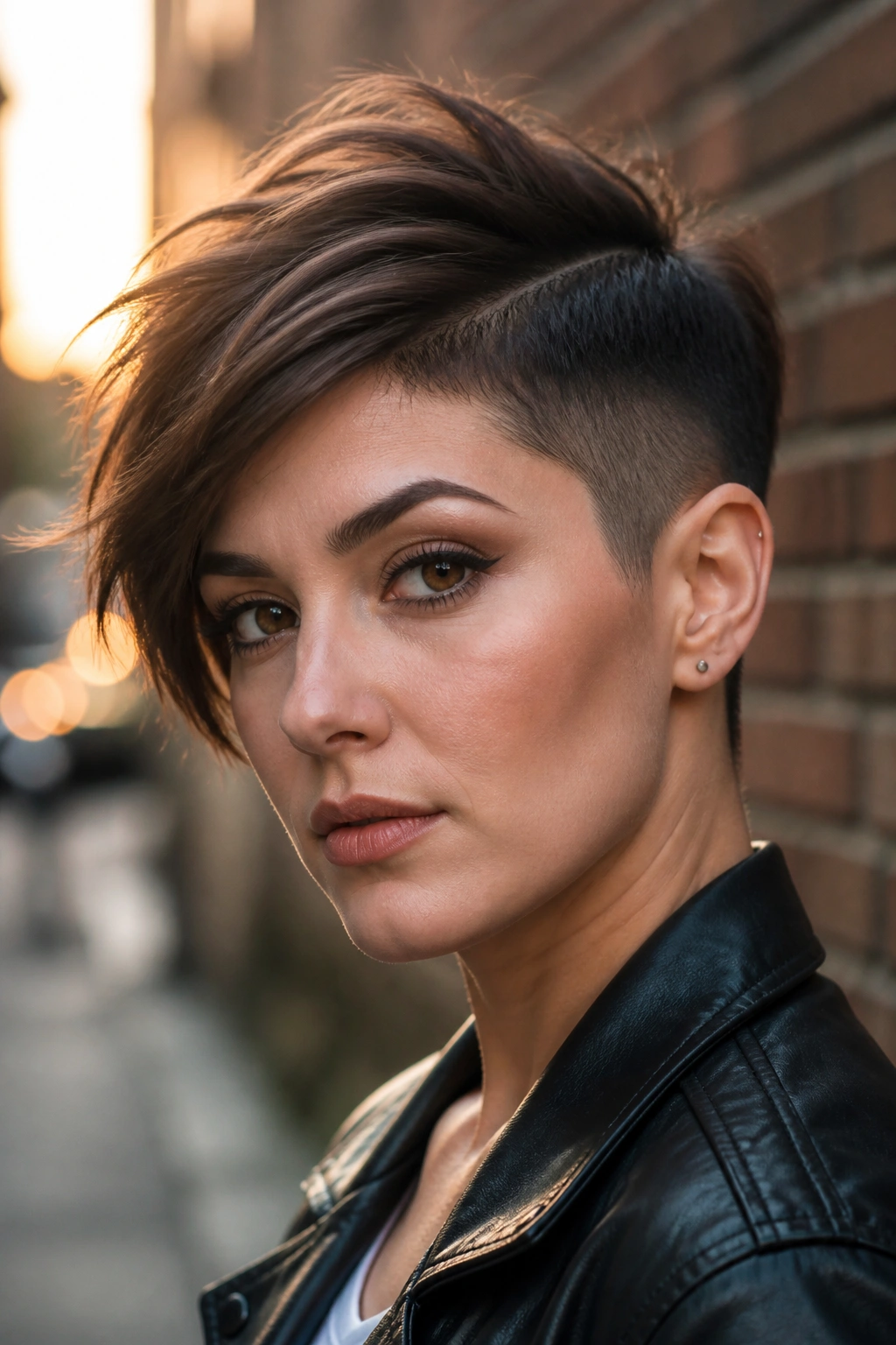 Portrait of a woman with a deep side-parted textured crop in a city setting.