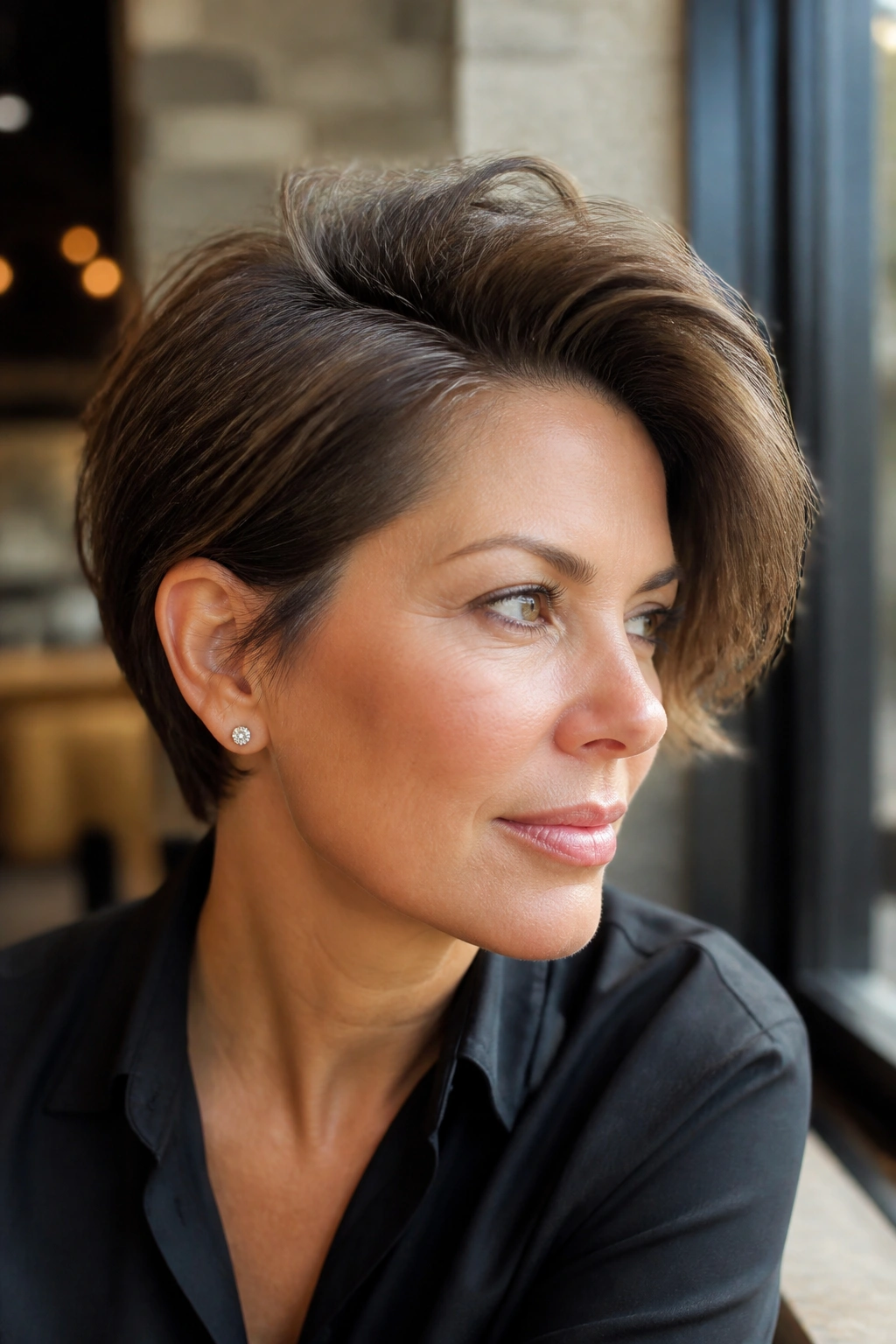 Portrait of a real woman with a deep side part pixie showing lift on one side