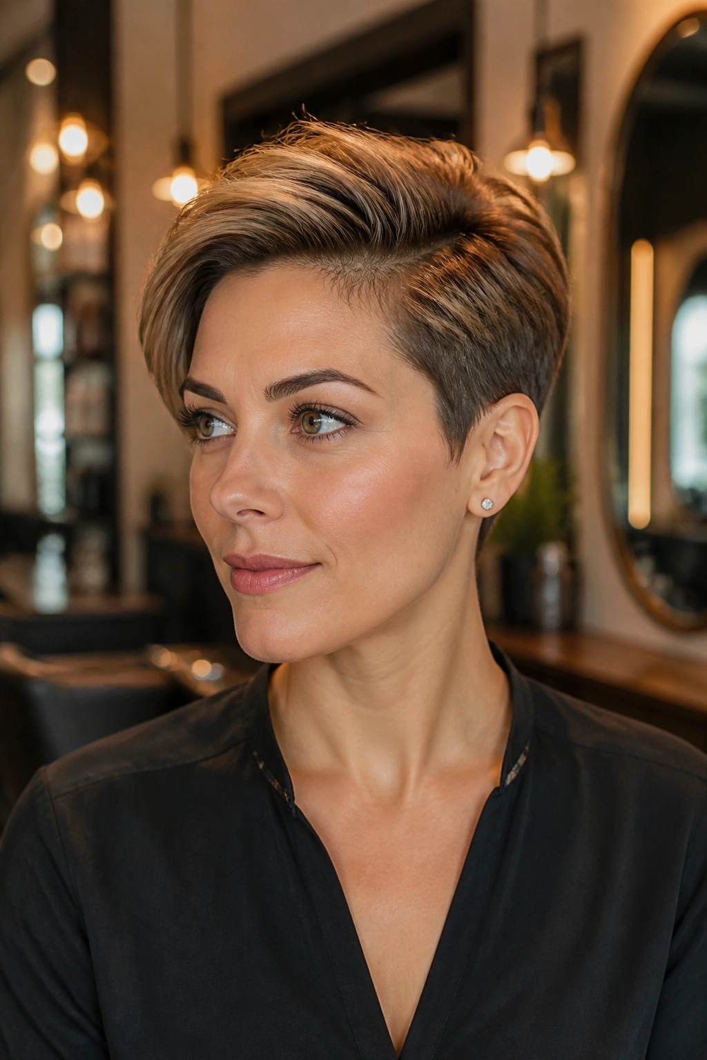 Close-up portrait of a real woman with a deep side-parted pixie and crown lift.