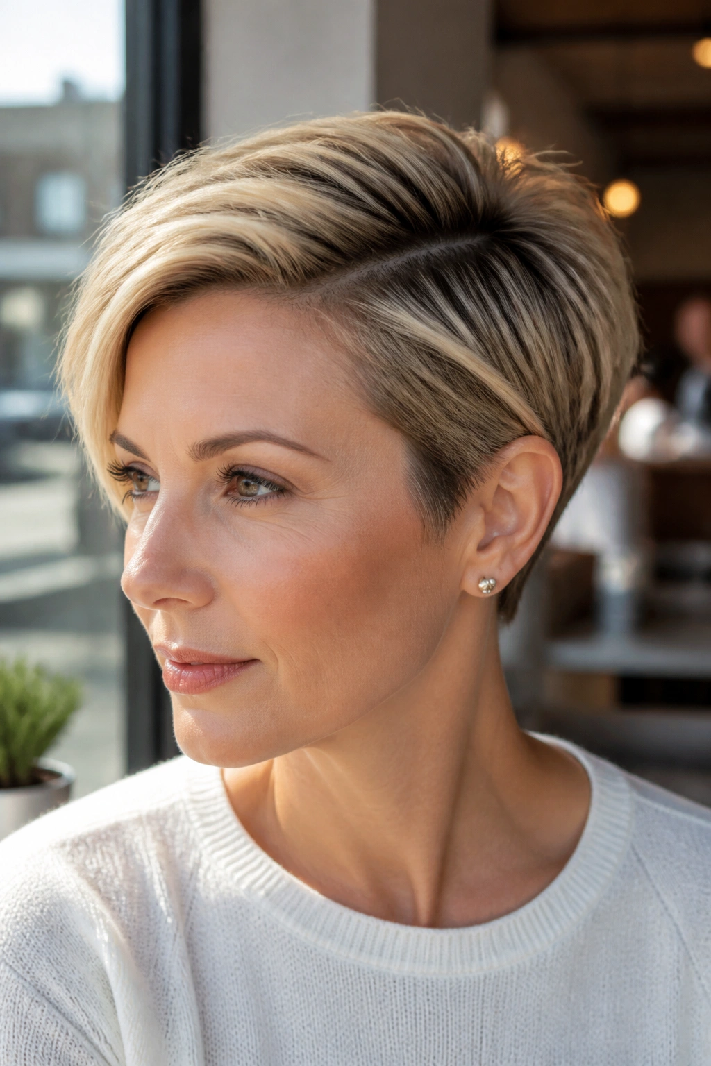 Close-up portrait of a real woman with a deep side part pixie creating lift at the crown.