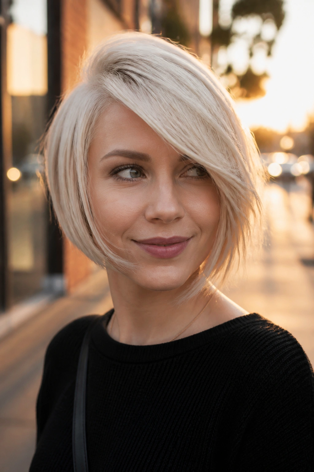 Close-up of a real woman with a deep side-swept bob on a city sidewalk at golden hour