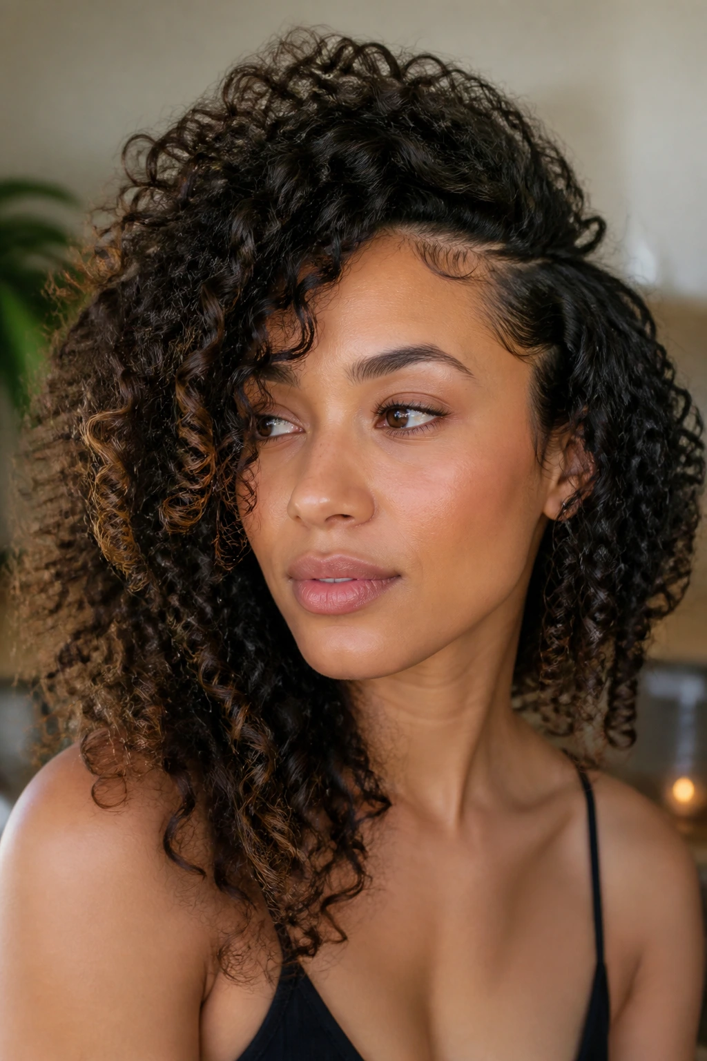 Real person with deep side part and voluminous curls