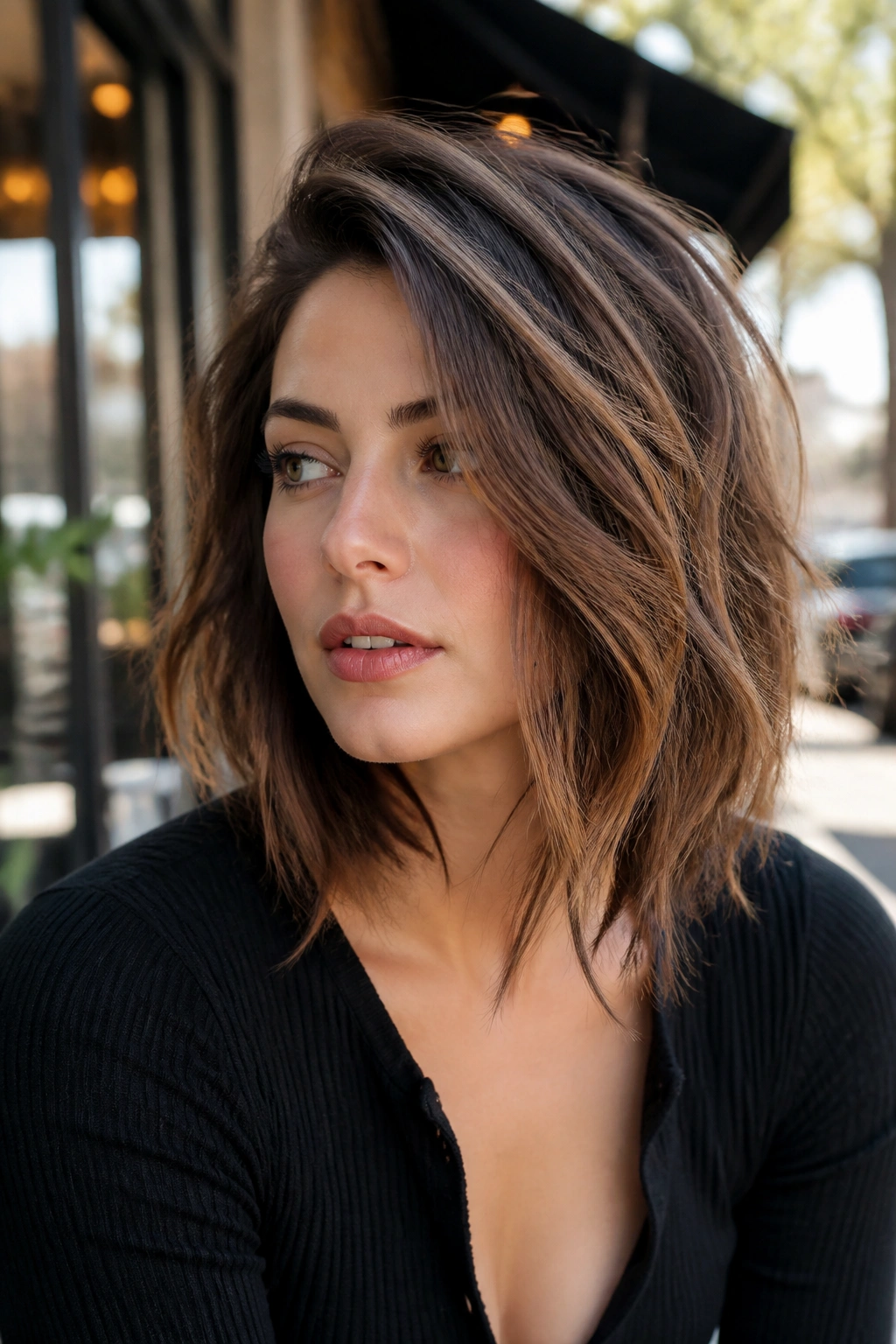 Close-up of a real woman with deep side swept choppy layers in daylight
