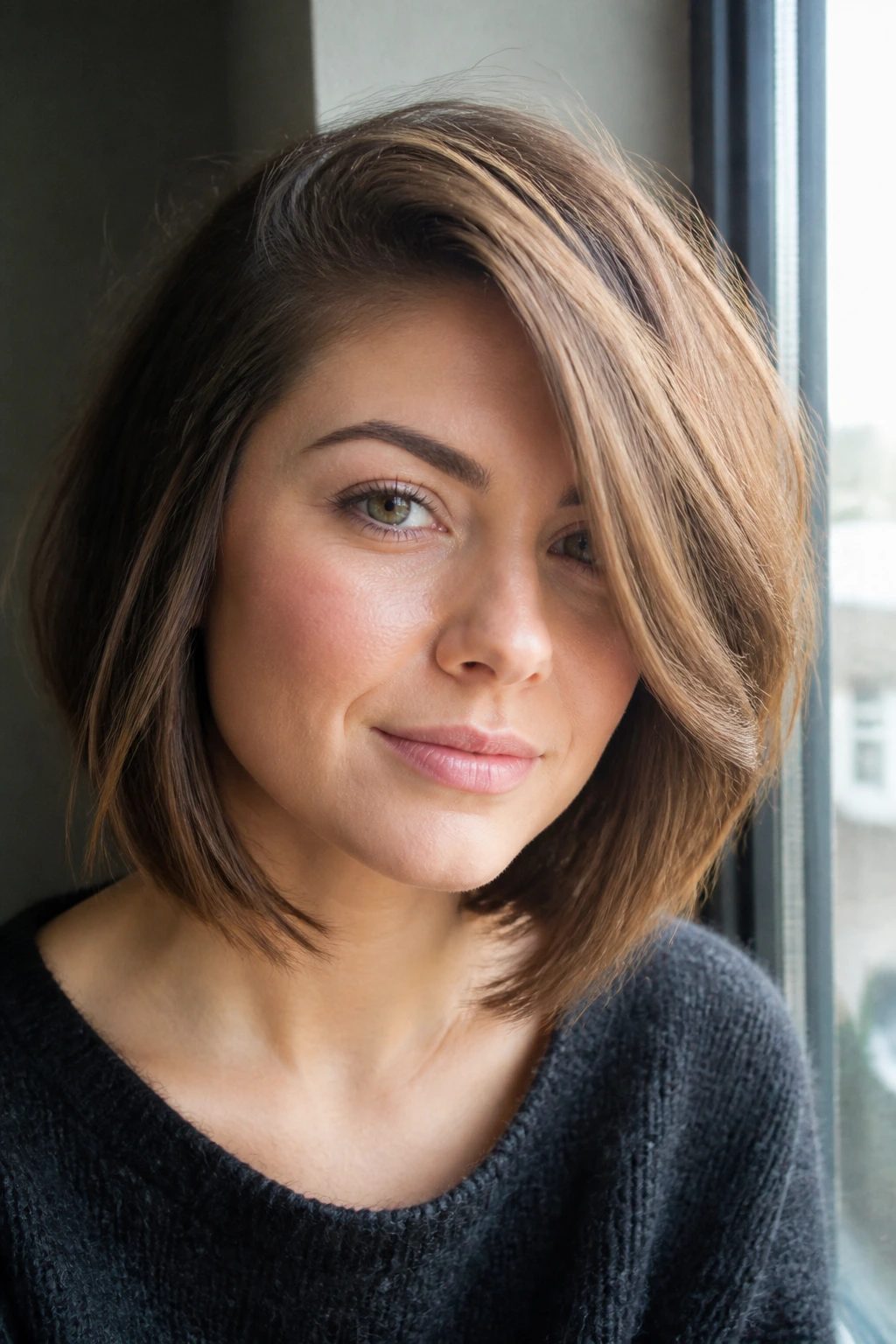 Close-up of a real person with a deep side-swept lob across the forehead.