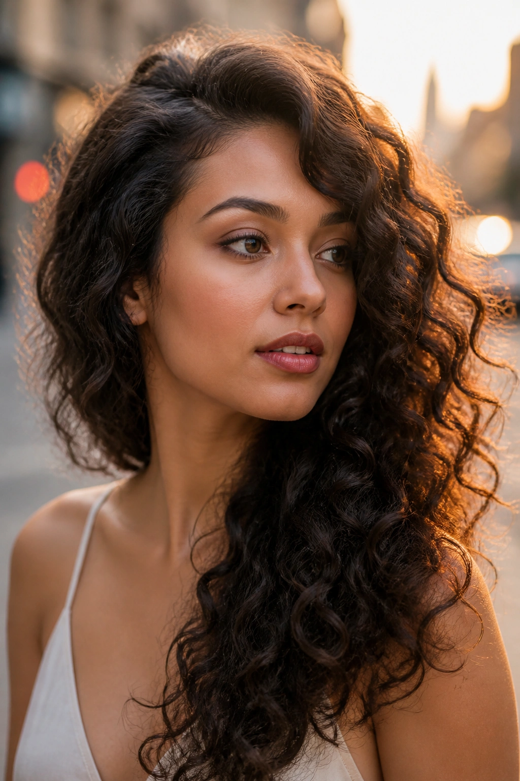 Close-up portrait with deep side sweep on long curls by a golden hour street