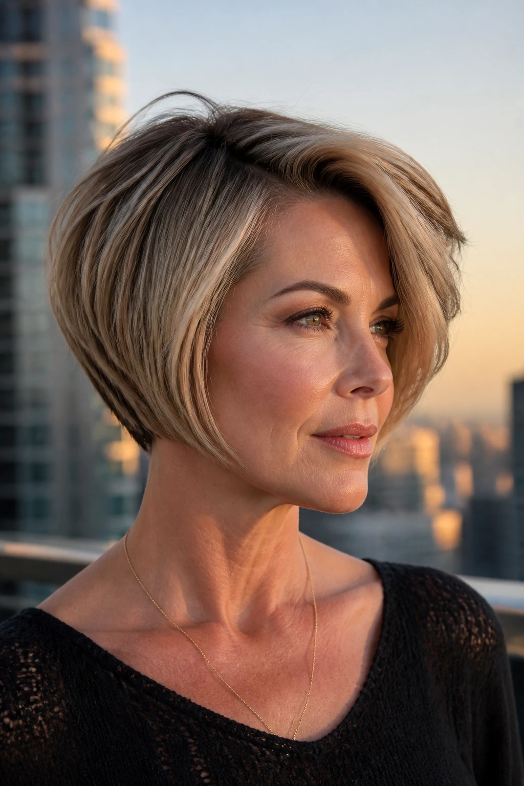 Portrait of a real woman with a deep side-swept stacked bob and lifted root.