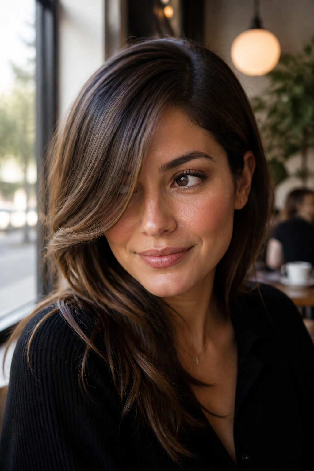 Close-up portrait of a real woman with deep side-swept bangs