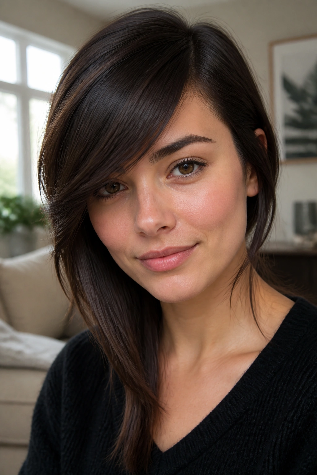 Close-up portrait of a woman with deep side-swept bangs and a long tail across the forehead.