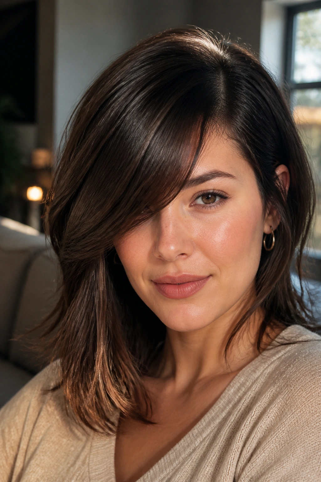 Portrait of a real person with deep side-swept bangs and off-center part lit by soft daylight