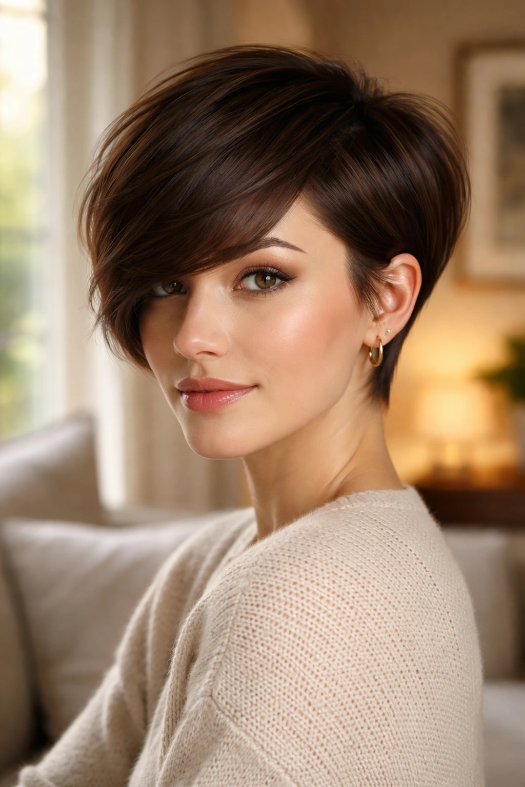 Close-up portrait of a real brunette woman wearing deep side-swept bangs in a pixie cut.
