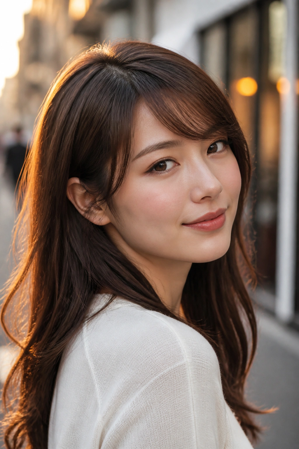 Close-up portrait of a real woman with deep side-swept half bangs
