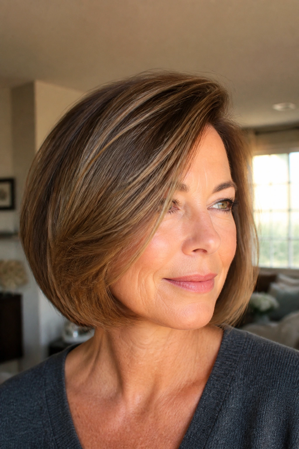 Close-up portrait of a real woman with Deep Side-Swept Bob in a warm living room