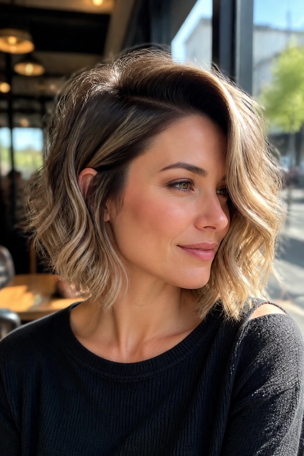 Close-up of a real woman with deep side-swept wavy bob.