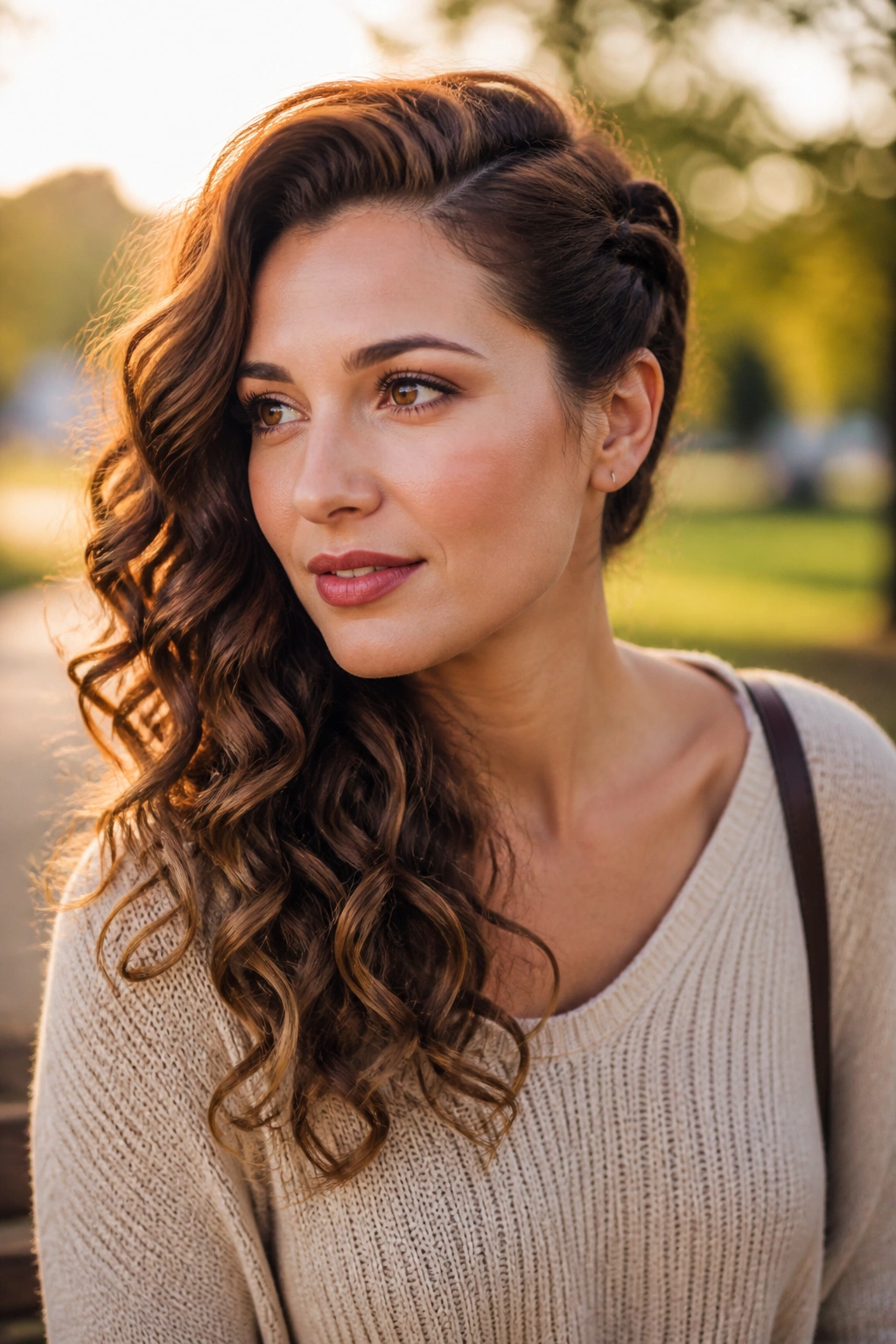 Portrait of a real person with deep side-swept curls.