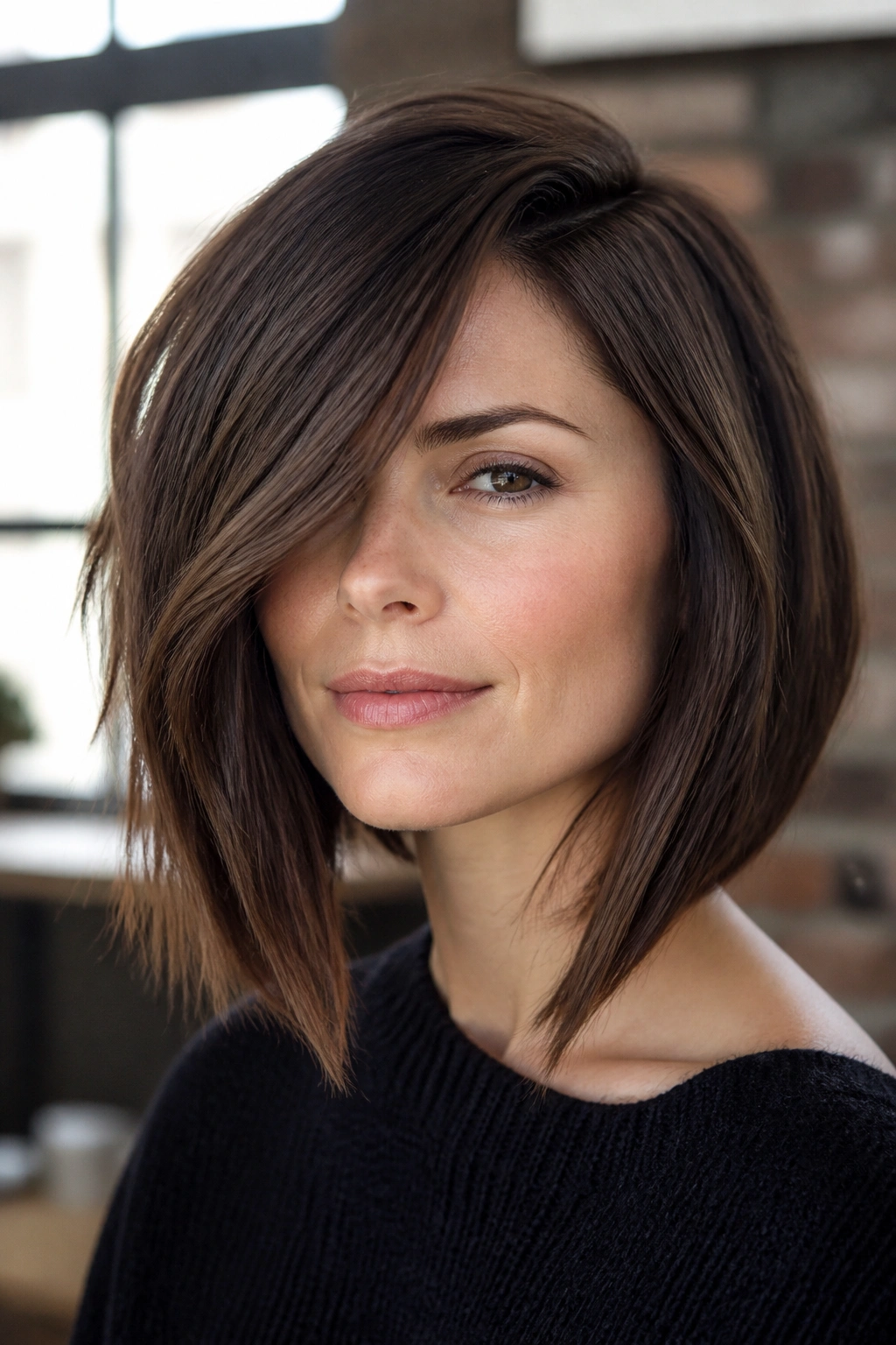 Close-up of a real woman with a deep side-swept bob and face-framing length in warm light
