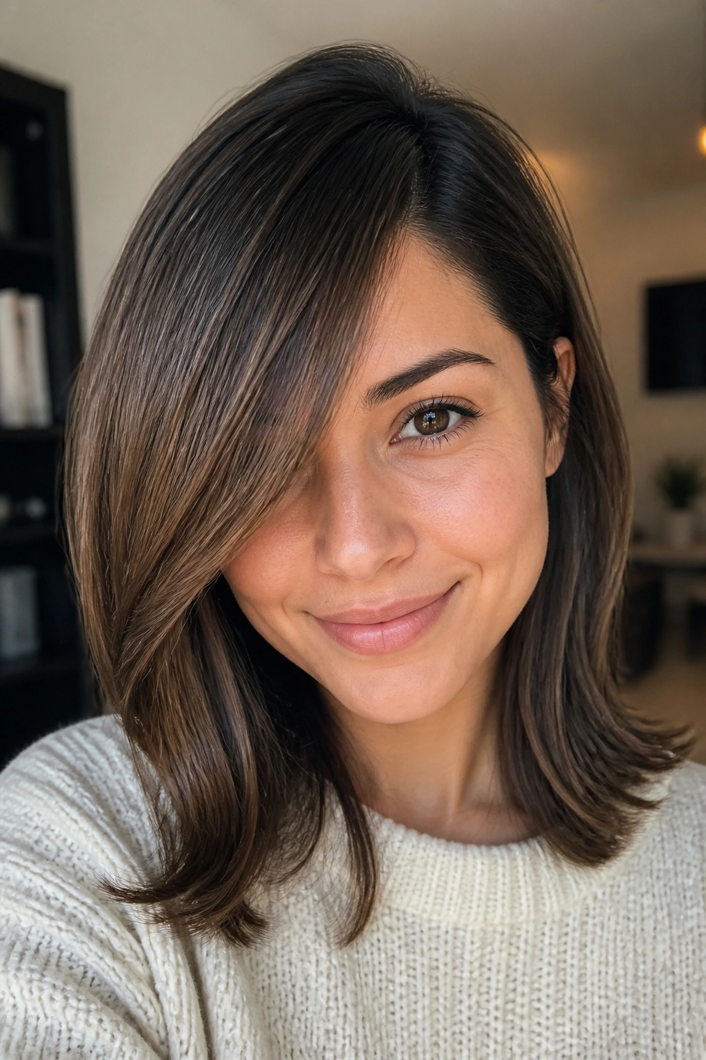 Real woman with deep side-swept fringe and clean part in a cozy room