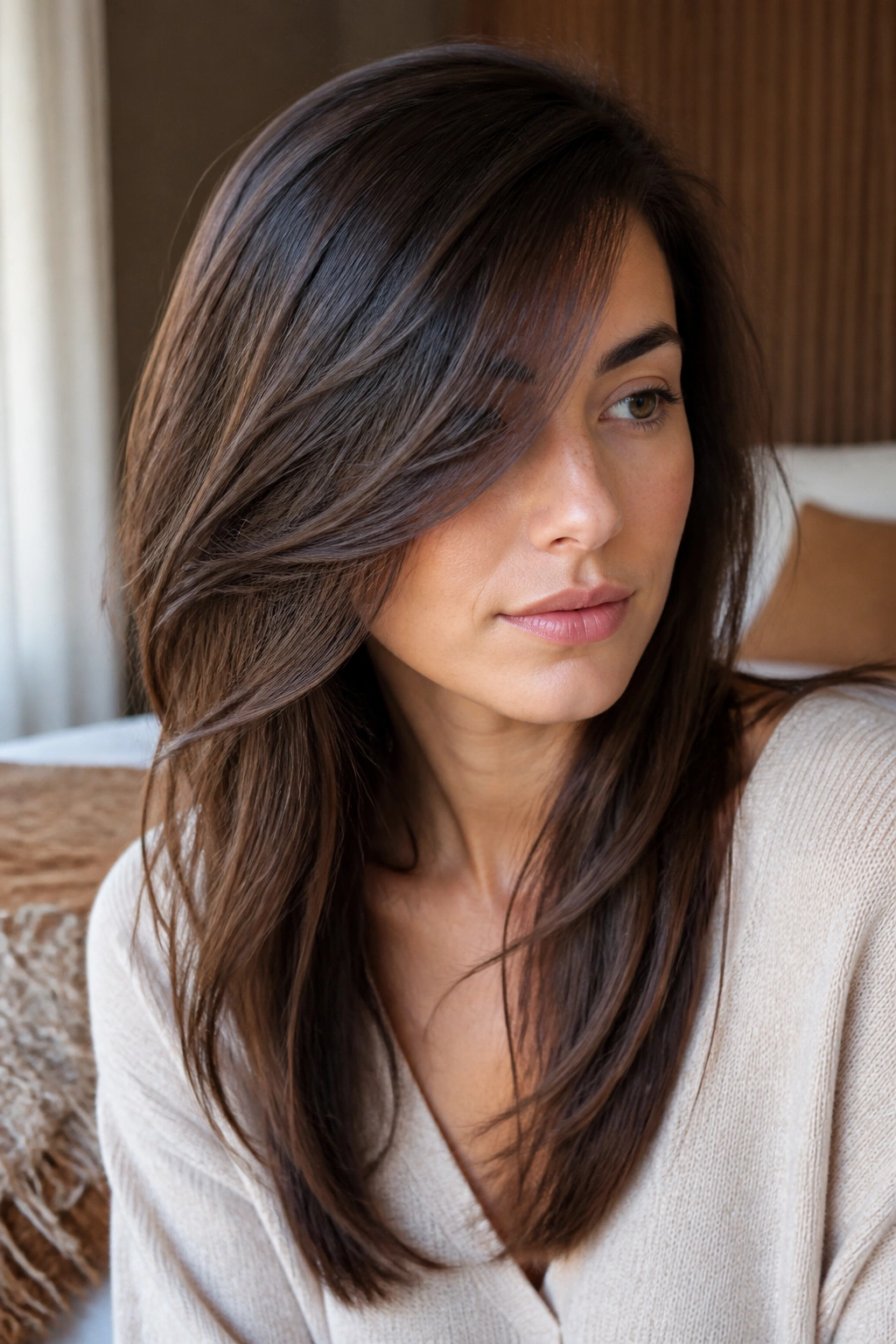 Close-up of a real woman with a deep side-swept fringe below collarbone