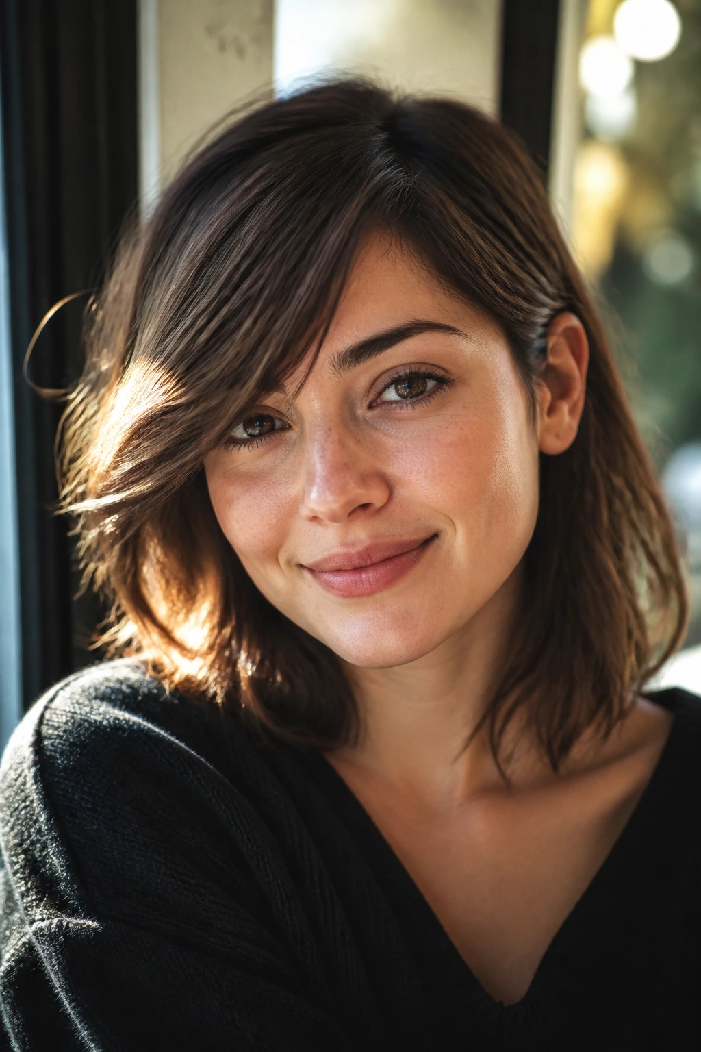 Portrait of a person with a deep side-swept fringe in warm cafe light