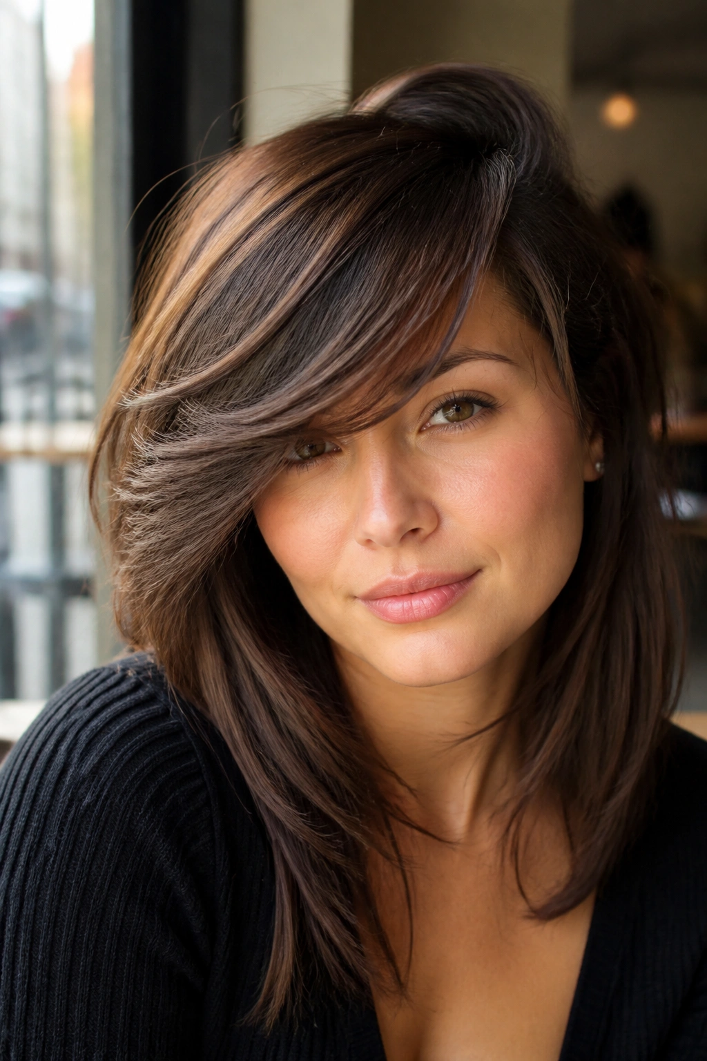 Portrait of a woman with a deep side-swept feathered fringe in natural daylight