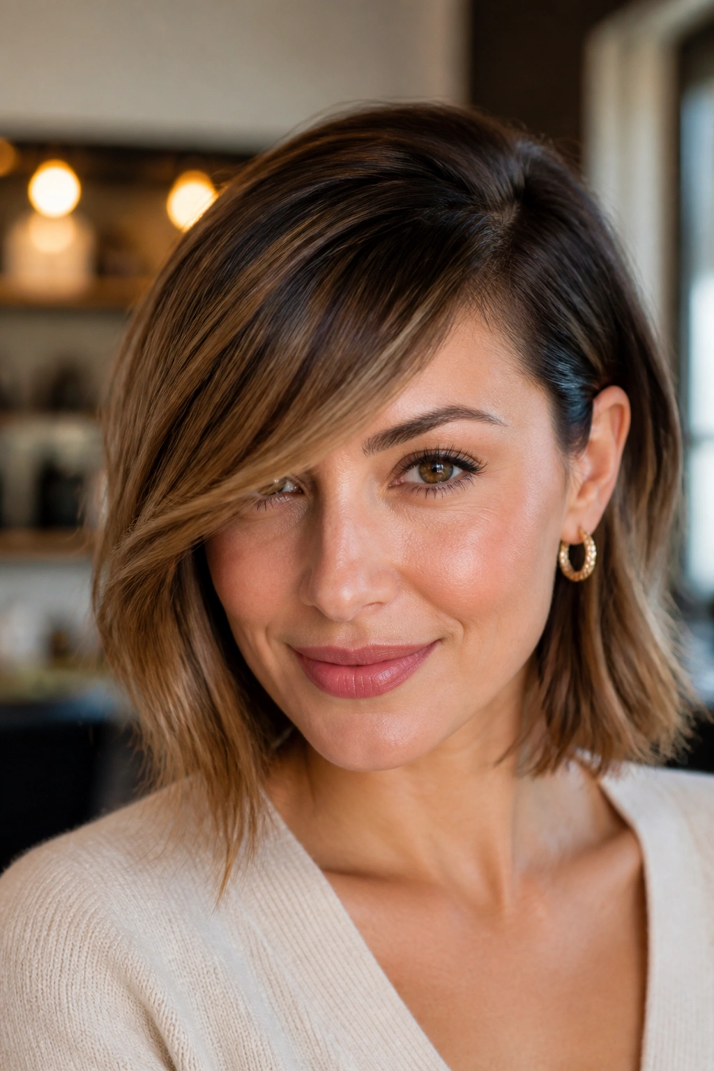 Real person with a deep side-swept fringe